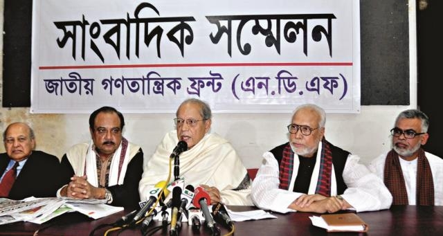 Former president Prof Dr AQM Badruddaza Chowdhury speaking at a Press Conference of newly floated Jatiya Ganotantrik Front (NDF) at the Jatiya Press Club on Tuesday demanding fresh election. Among others, JSD Chief ASM Abdur Rab, Krishak Sramik Janata Lea