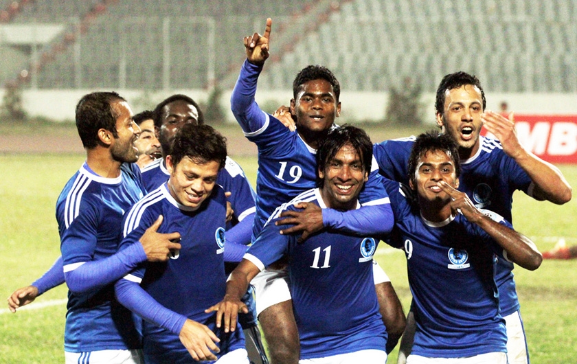 Players of Sheikh Russel Krira Chakra celebrate after beating Soccer Club, Feni in their football match of the Bangladesh Premier League at the Bangabandhu National Stadium on Thursday. Banglar Chokh