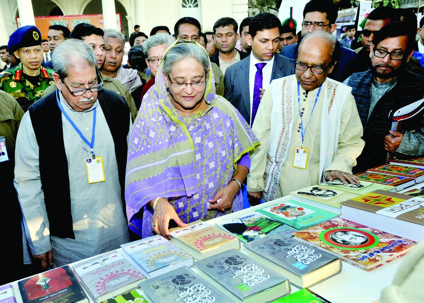 Prime Minister Sheikh Hasina visiting a book stall after inaugurating 'Amar Ekushey Book Fair' at Bangla Academy premises in the city on Saturday. BSS photo