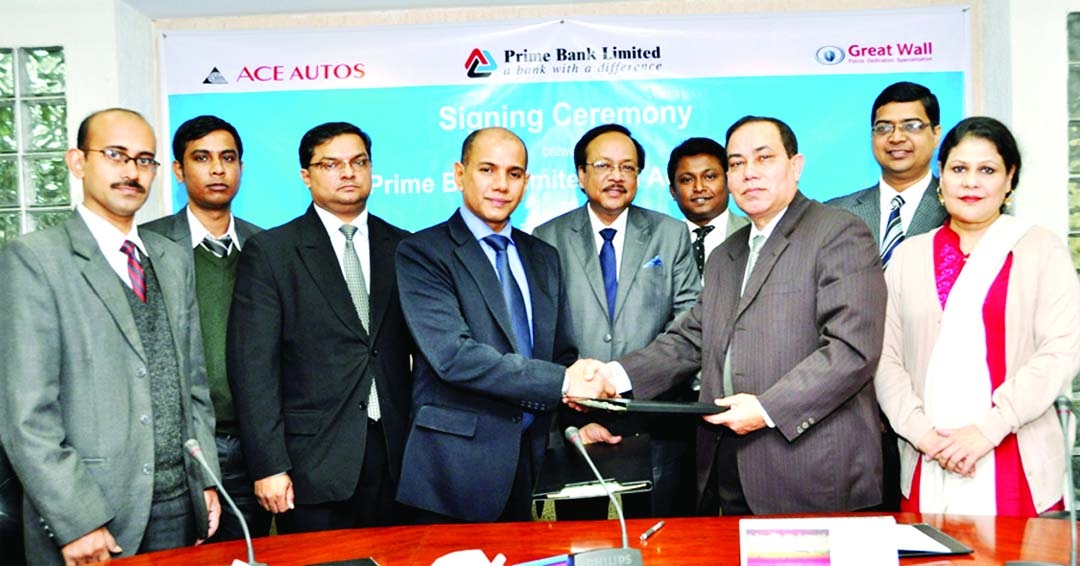 Prime Bank Limited signed a Memorandum of Understanding (MoU) with Ace Autos at the bank's Head office recently. Head of Emerging Market & SEVP of the Prime Bank Habibur Rahman and Managing Director & CEO of Ace Autos Azharul Islam signed the MoU on beha