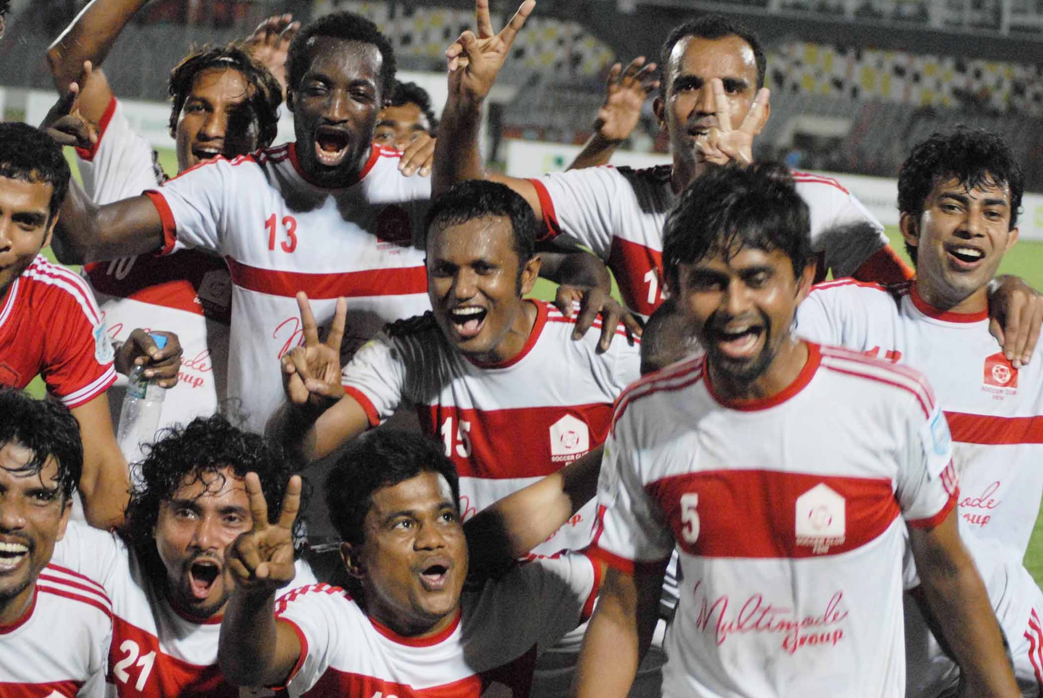 Players of Soccer Club, Feni celebrate after beating Brothers Union Limited in the first semifinal of the Modhumoti Bank Independence Cup Football Tournament at the Bangabandhu National Stadium on Tuesday.