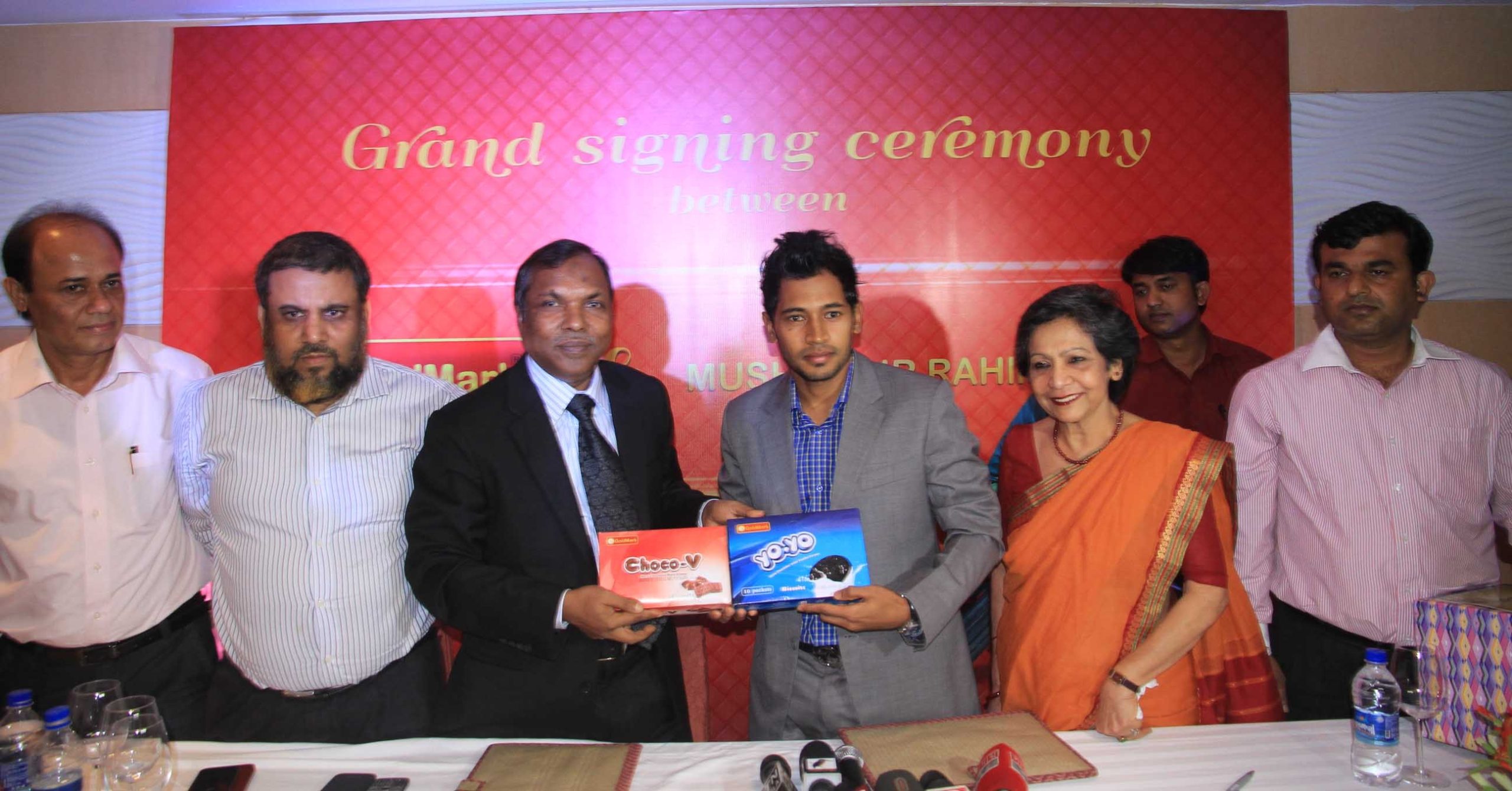 Mushfiqur Rahim, the Captain of Bangladesh National Cricket team exchanging the contract papers with Mohammad Bashir, the Managing Director of Goldmark Foods Limited at the Westin Hotel on Tuesday. Mushfiqur Rahim is now the Brand Ambassador of Goldmark F