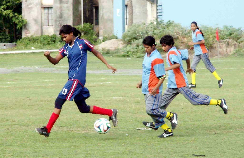 A scene from the semifinal match of Bagerhat Zone of the KFC National Women's Football League between Bagerhat District team and Gopalganj District team at the Bagerhat District Football Stadium on Monday. Bagerhat won the match 3-0.