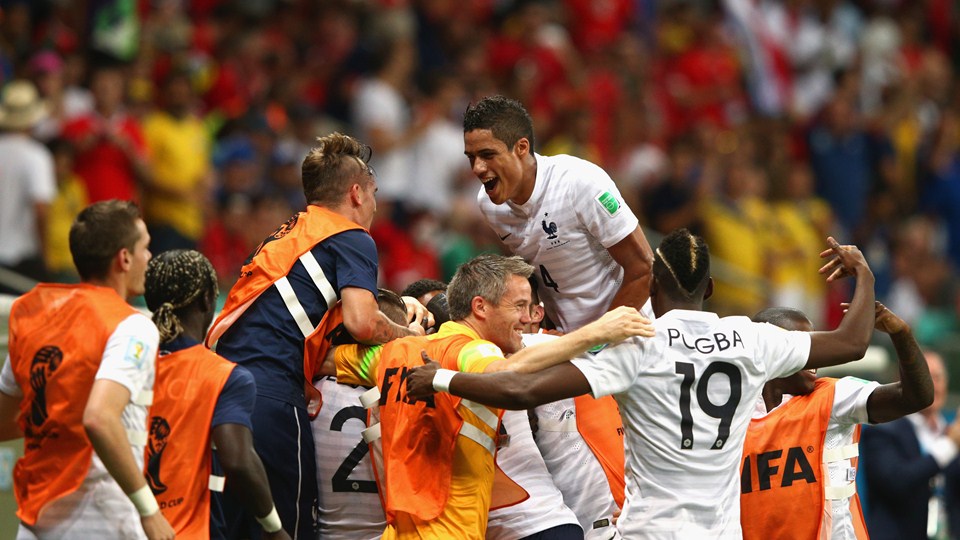 Moussa Sissoko of France celebrates scoring his team's fifth goal with teammates during the 2014 FIFA World Cup Brazil Group E match between Switzerland and France at Arena Fonte Nova in Salvador, Brazil on Friday.