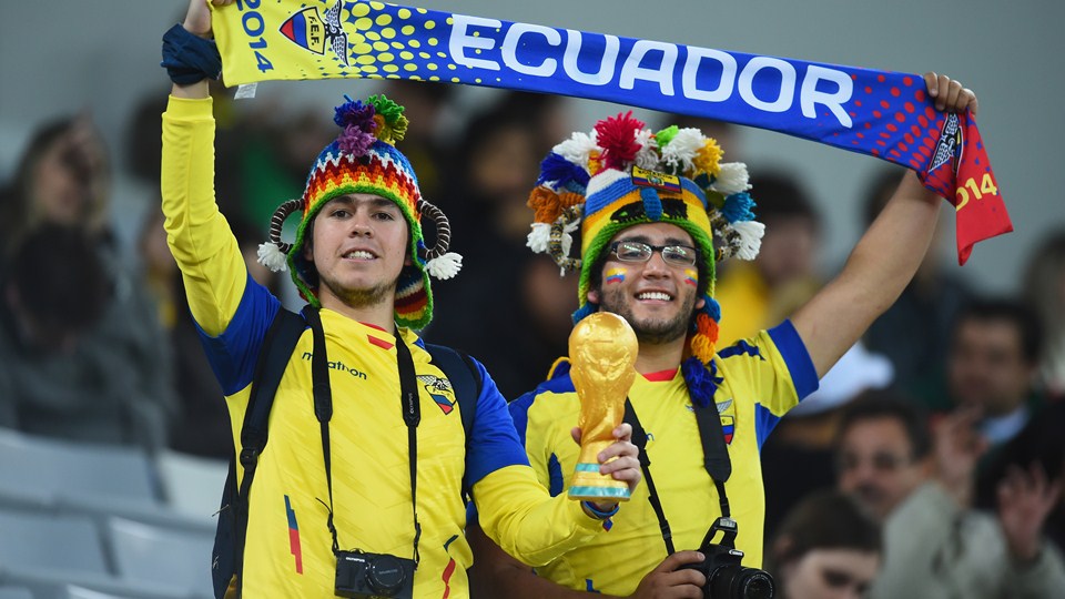 Ecuador fans hold a replica of the World Cup trophy during the 2014 FIFA World Cup Brazil Group E match between Honduras and Ecuador at Arena da Baixada in Curitiba, Brazil on Friday.