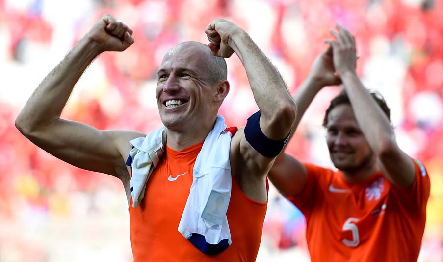 Arjen Robben of the Netherlands celebrates after the 2-0 win in the 2014 FIFA World Cup Brazil Group B match between Netherlands and Chile at Arena de Sao Paulo in Sao Paulo, Brazil on Monday.