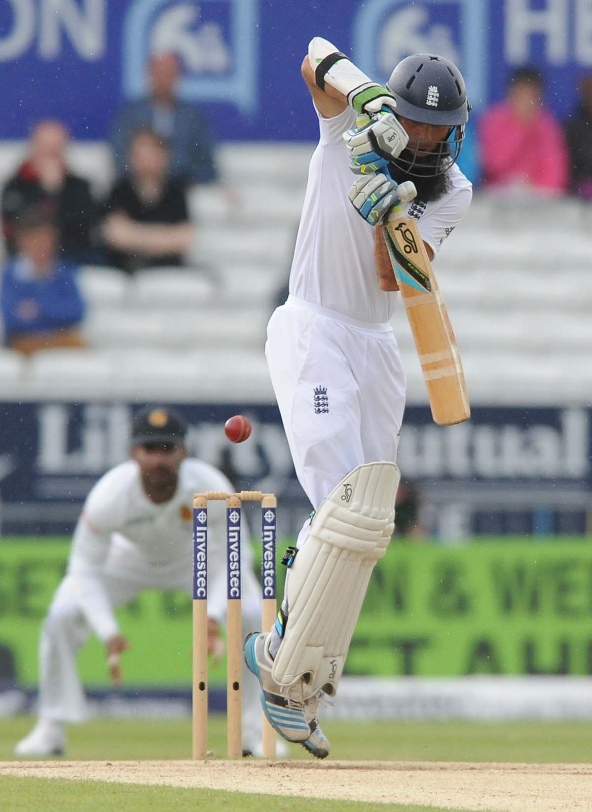 England's Moeen Ali plays a shot during day five of the Second Test Match between England and Sri Lanka at Headingley cricket ground, Leeds in England on Tuesday.