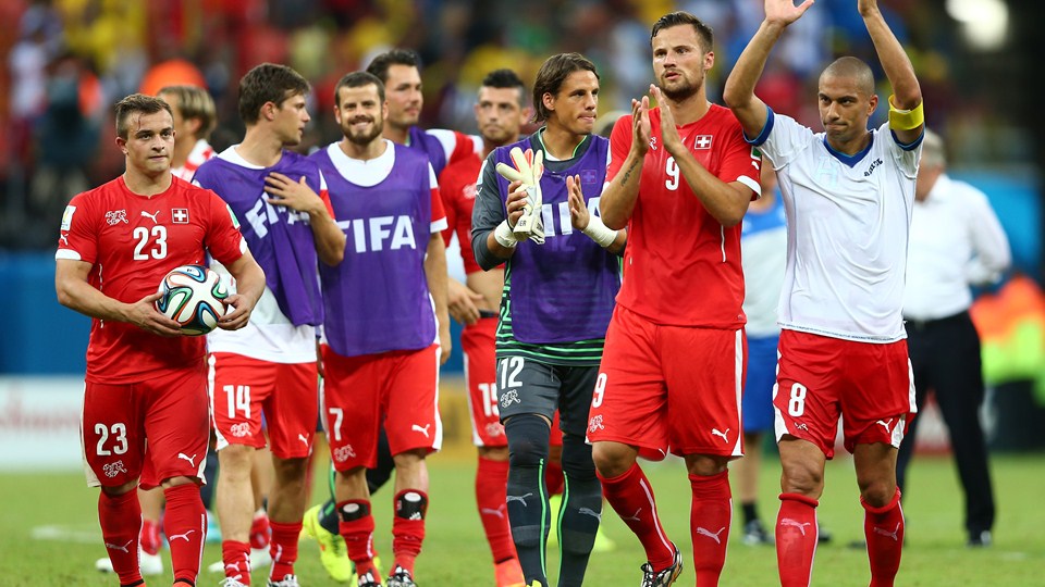 Switzerland players acknowledge the fans after a 3-0 victory over Honduras in the 2014 FIFA World Cup Brazil Group E match between Honduras and Switzerland at Arena Amazonia in Manaus, Brazil on Wednesday.