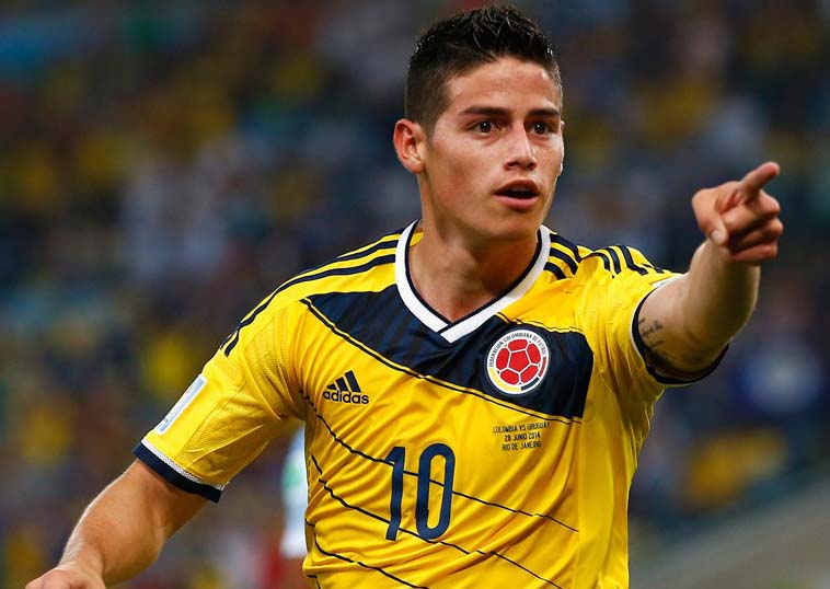 James Rodriguez of Colombia celebrates scoring his team's second goal and his second of the game during the 2014 FIFA World Cup Brazil round of 16 match between Colombia and Uruguay at Maracana in Rio de Janeiro, Brazil on Saturday.