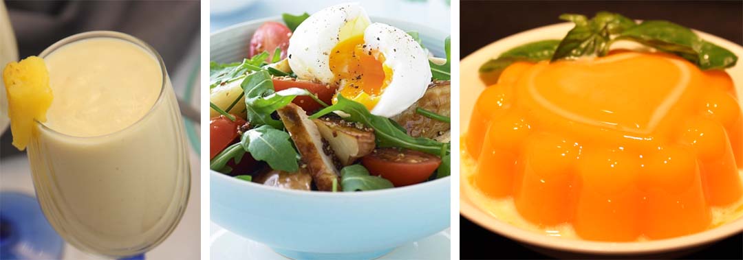 Pineapple Coconut Smoothie, Chicken and Egg Salad, Chilled Mango Pudding