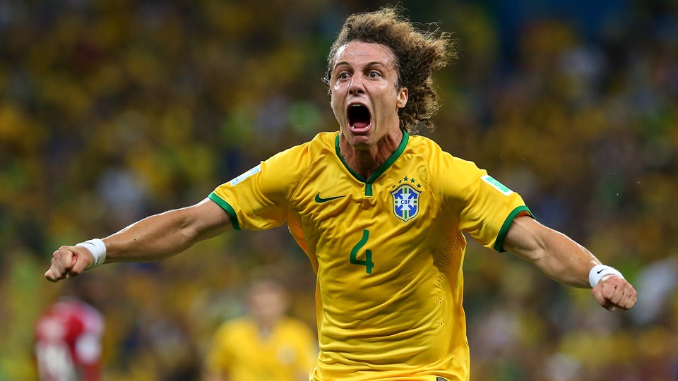 David Luiz of Brazil celebrates scoring his team's second goal during the 2014 FIFA World Cup Brazil quarter final match between Brazil and Colombia at Estadio Castelao in Fortaleza, Brazil on Friday.