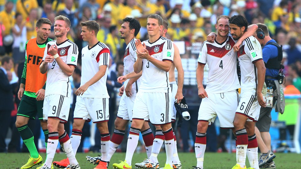 Germany players acknowledge the fans after defeating France 1-0 in the 2014 FIFA World Cup Brazil quarter final match between France and Germany at Maracana in Rio de Janeiro, Brazil on Friday.