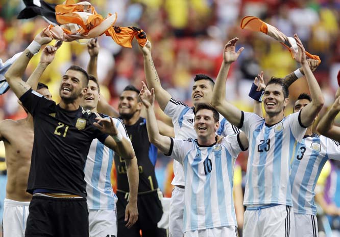 Argentina celebrate defeating Belgium 1-0 during the 2014 FIFA World Cup Brazil quarter final match between Argentina and Belgium at Estadio Nacional in Brasilia, Brazil on Saturday.