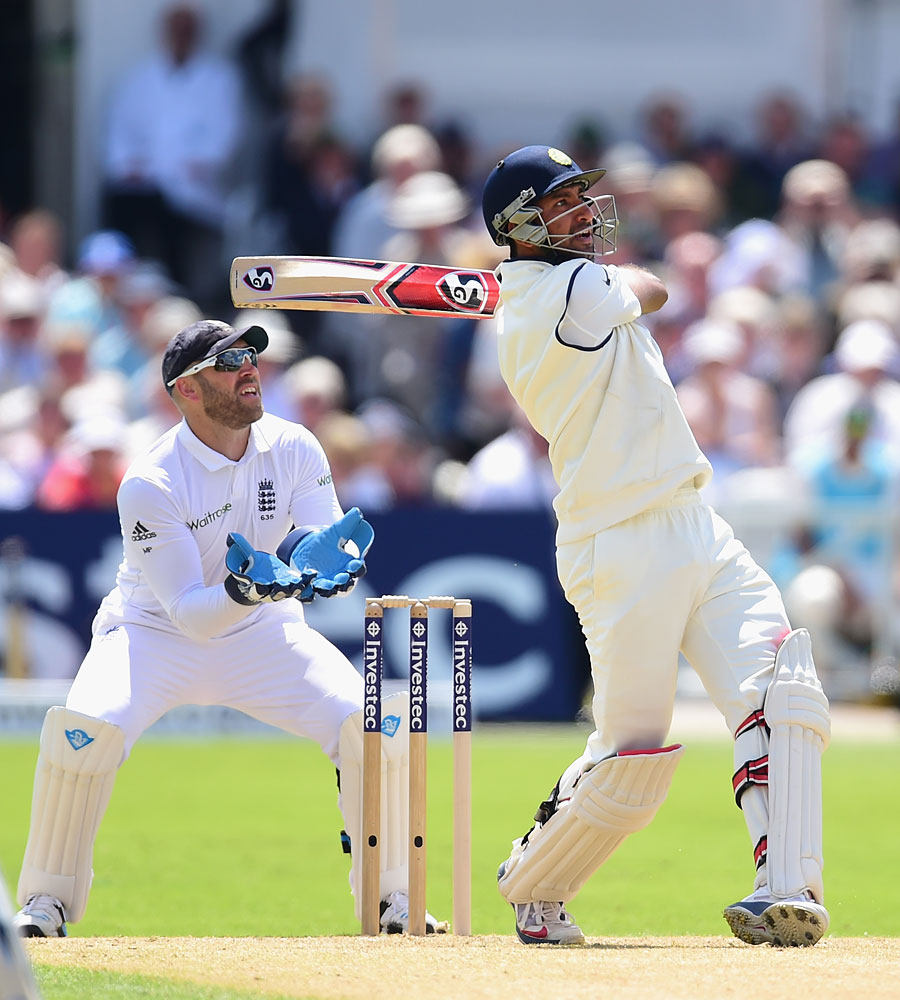 Cheteshwar Pujara pulls a full toss on the 1st day of 1st Investec Test between England and India at Trent Bridge on Wednesday.