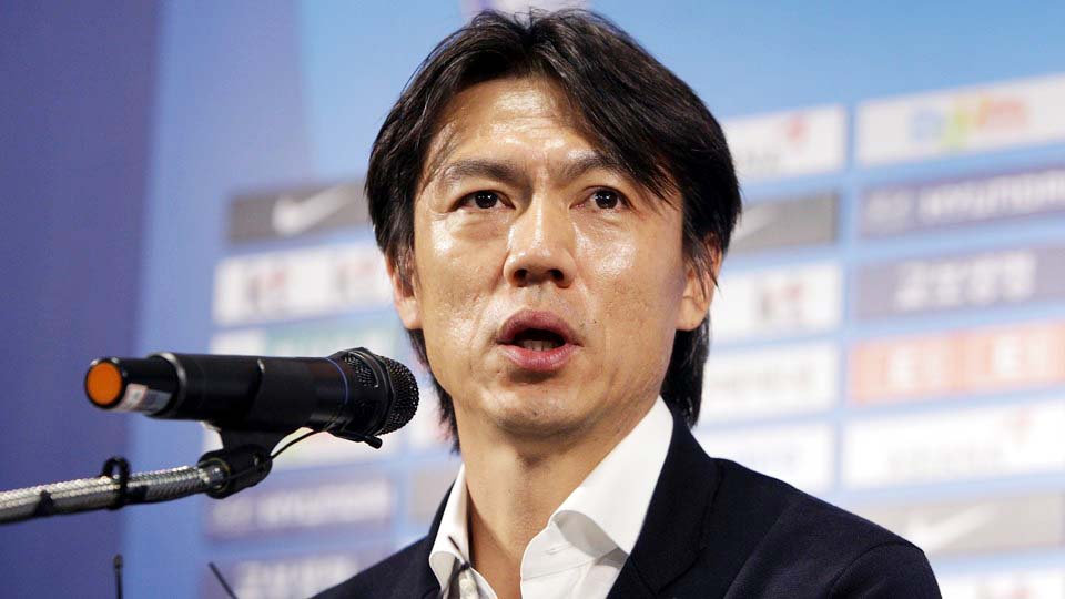 South Korean football head coach Hong Myung-Bo speaks during the news conference announcing the resignation on Thursday in Seoul, South Korea. South Korea did not make it out of Group H at the World Cup in Brazil with two losses and a draw.