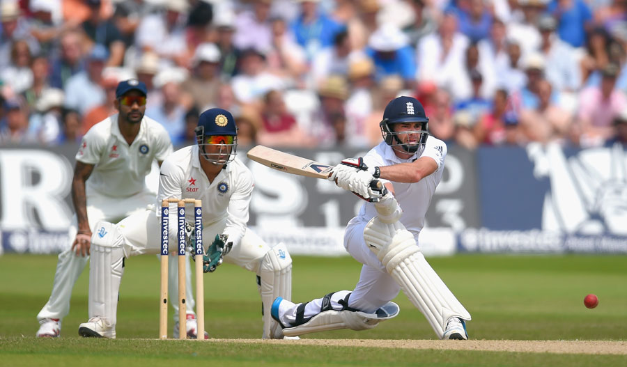 James Anderson sets up for a reverse sweep on the 4th day of 1st Investec Test between England and India at Trent Bridge on Saturday.