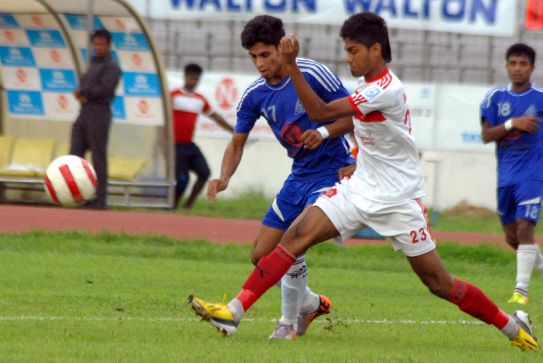 A moment of the match of the Nitol Tata Bangladesh Premier Football League between Soccer Club, Feni and Uttar Baridhara Club at the Bangabandhu National Stadium on Wednesday. Soccer Club, Feni won the match 4-1.