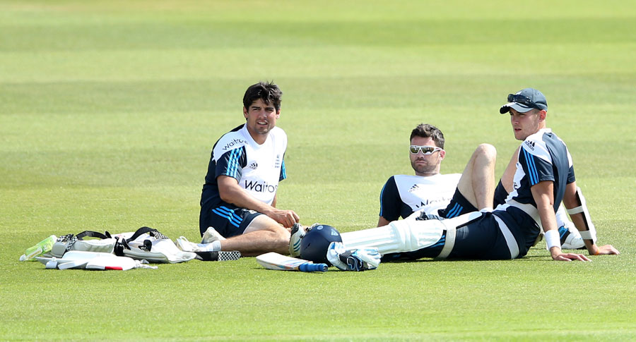 Alastair Cook, James Anderson and Stuart Broad take a moment to relax at Ageas Bowl on Saturday.