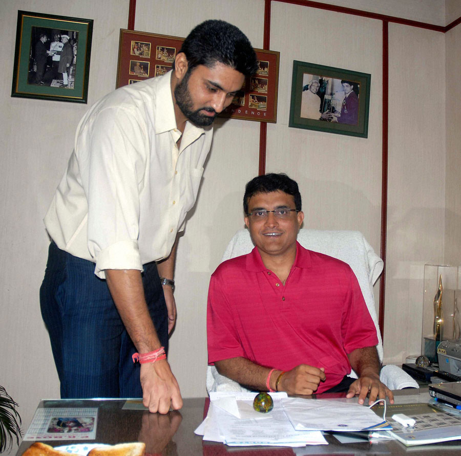 Sourav Ganguly with cricketer Ranadeb Bose after being elected the Joint Secretary of the Cricket Association of Bengal, Kolkata on Monday.