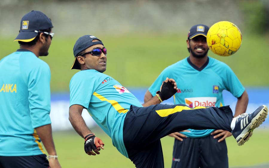 Mahela Jayawardene shows off his football skills at Colombo on Wednesday.