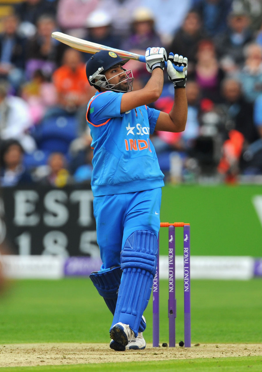 Rohit Sharma pulls for six during 2nd ODI between England and India at Cardiff on Wednesday. India scored 304 for 6 in 50 overs.