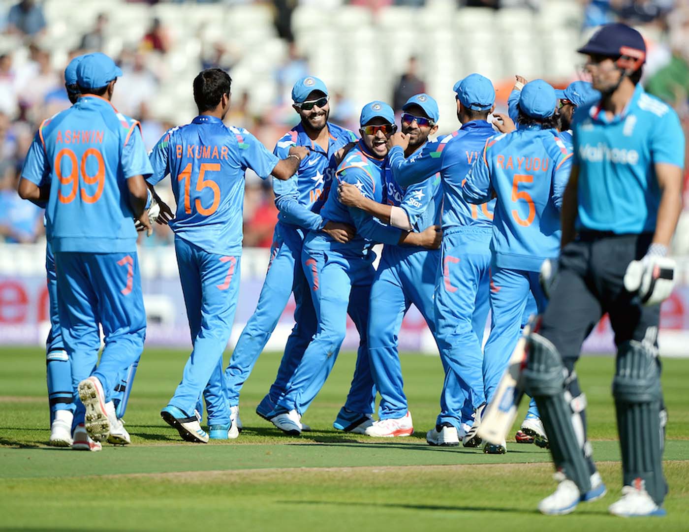 The Indian fielders celebrate Englandâ€™s Alastair Cookâ€™s dismissal during their 4th Royal London One Day International match at Edgbaston in Birmingham, England on Tuesday. India won by 9 wickets with 117 balls remaining.