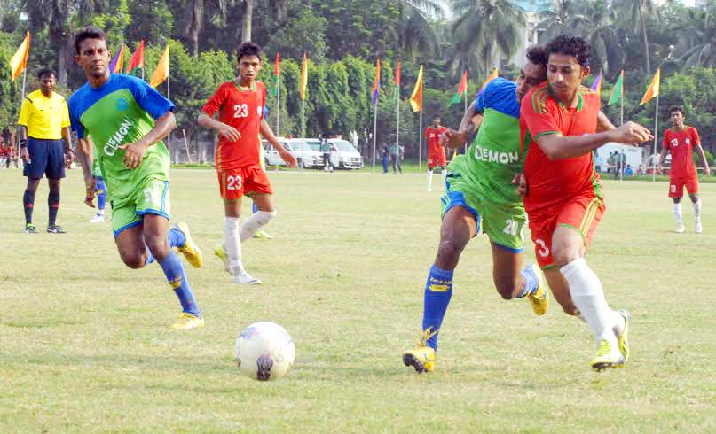 A moment of the practice football match between Bangladesh Under-23 National Football team and Bangladesh Police Athletics Club at the Rajarbagh Police Line Ground on Thursday. Bangladesh Under-23 National Football team won the match 3-0.