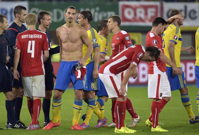(From (left) Austria's Martin Hinteregger Sweden's Zlatan Ibrahimovic Albin Ekdal Pierre Bengtsson Austria's Florian Klein Julian Baumgartlinger Christoph Leitgeb and Andreas Granqvist after the Euro 2016 soccer qualifying group G match between Austria