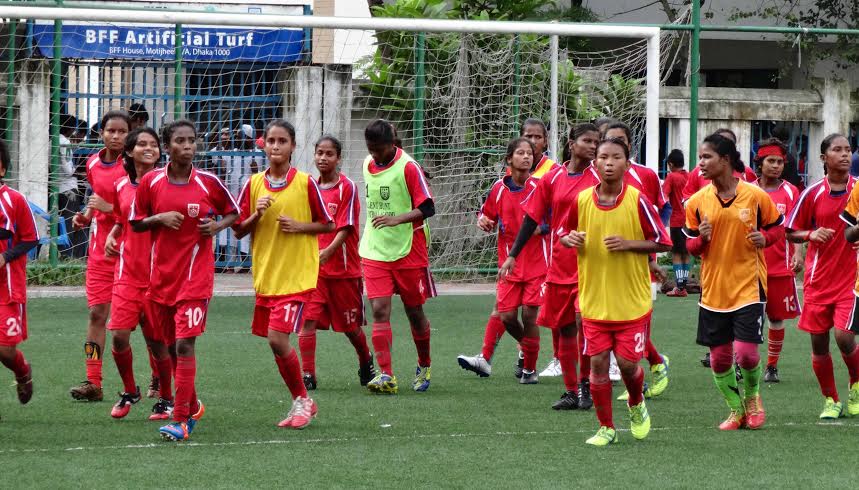 Bangladesh Under-16 National Women's Football team during their practice session at the BFF Artificial Turf on Tuesday.