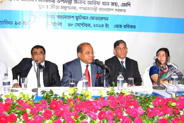 Chairman of the District Football League Committee Manjur Kader speaking at a press conference at the Uttara Club on Sunday.