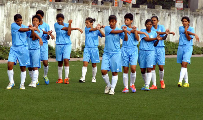 Players of India Under-16 National Women's Football team take part in their practice session at the BFF Artificial Turf on Saturday.