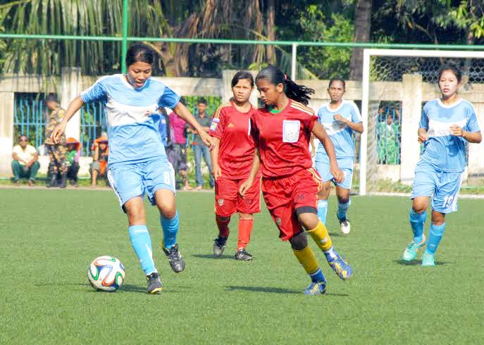 An action from the KFC National Women's Super League Football match between Ansar & VDP and Rangpur Team at BFF Artificial Turf , Motijheel on Monday. Ansar & VDP won the match by 12 - 1 goals.