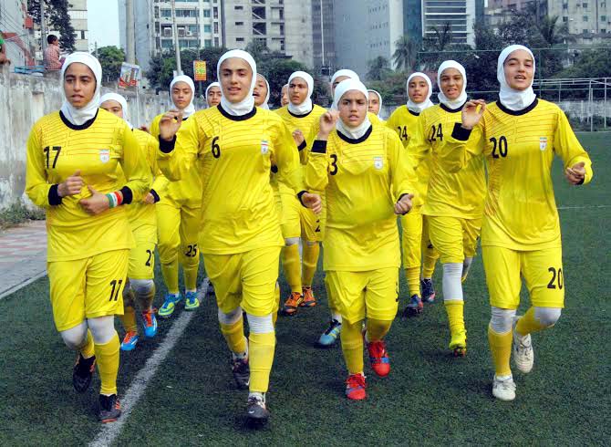 Players of Iran Under-16 National Women's Football team during their practice session at the BFF Artificial Turf on Wednesday.