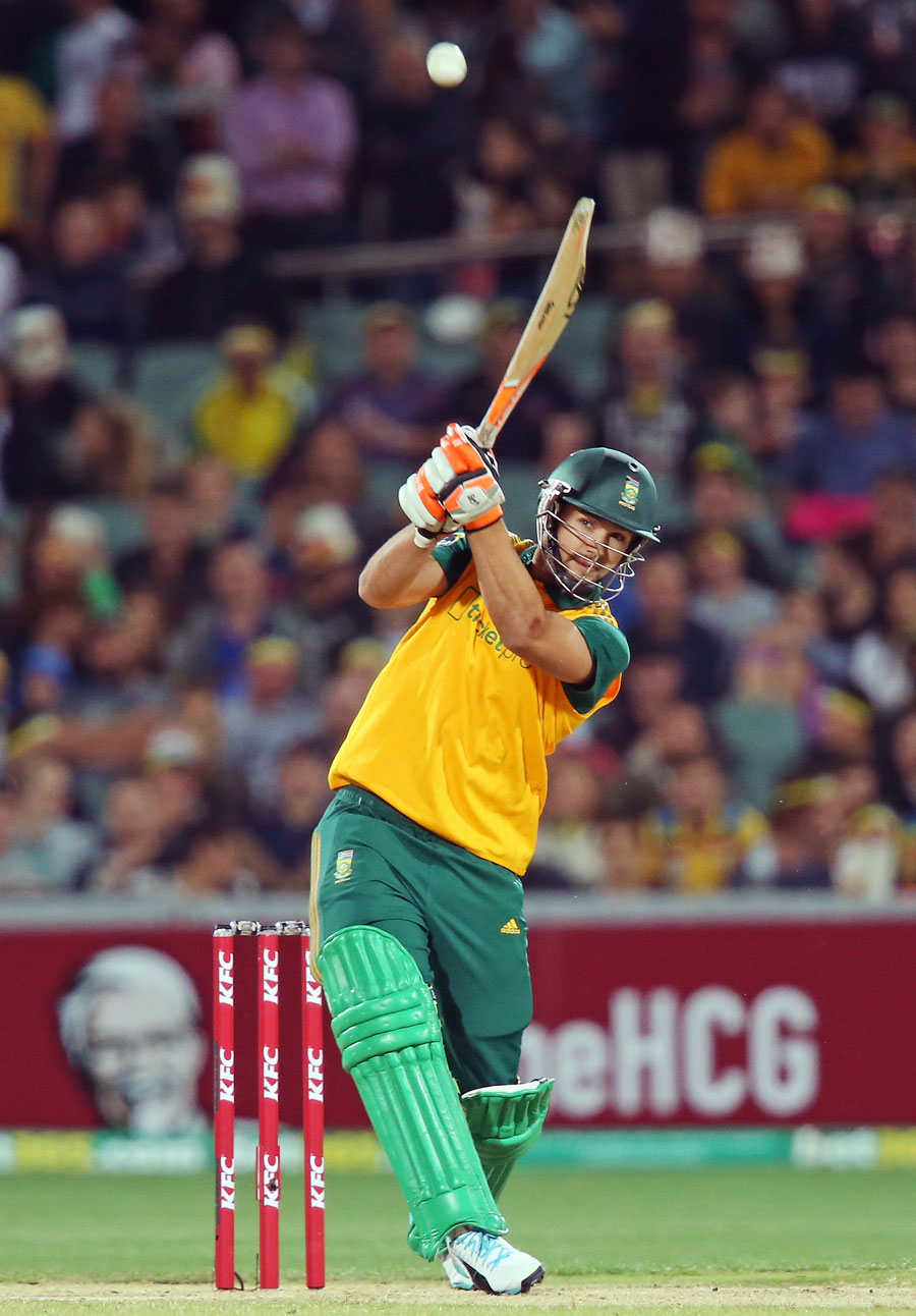 Rilee Rossouw lofts the ball down the ground during the 1st Twenty20 match between Australia and South Africa at Adelaide on Wednesday.