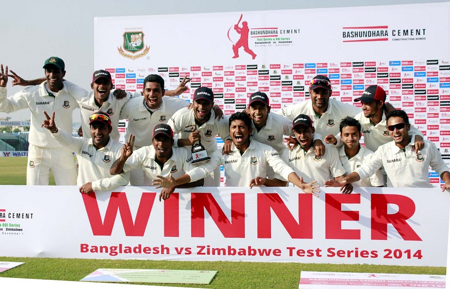 The victorious Bangladesh team players pose for photo after completing a 3-0 whitewash against Zimbabwe at the Zahur Ahmed Chowdhury stadium in Chittagong on Sunday.