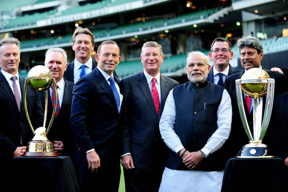 (Left to right) Australian cricketer Steve Waugh, Alan Border and Glenn McGrath with Australian prime minister Tony Abbott, Victorian premier Denis Napthine, Indian prime minister Narendra Modi, opposition leader Daniel Andrews and former Indian cricketer