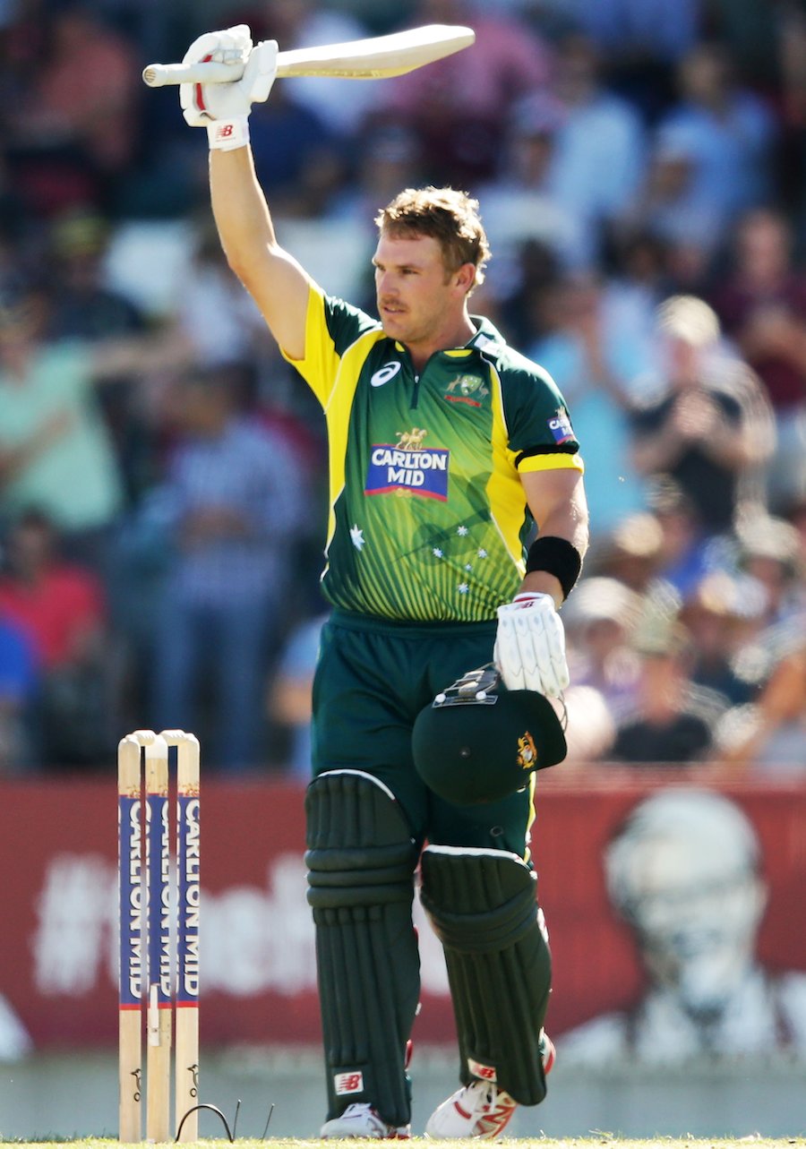 Aaron Finch brings up his fifth ODI hundred during the 3rd ODI between Australia and South Africa at Canberra on Wednesday.