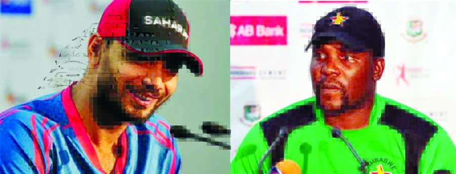 Bangladesh National Cricket team captain Mashrafe Bin Mortaza and his counterpart Zimbabwean Hamilton Masakadza addressing their respective press conference at the Sher-e-Bangla National Cricket Stadium in Mirpur on Sunday.