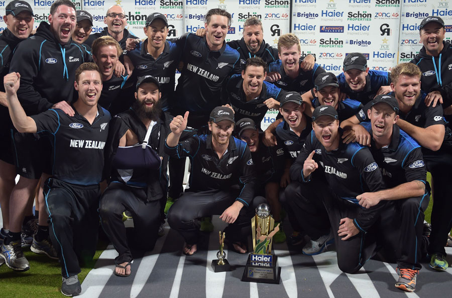 The New Zealand players celebrate with the series trophy after 5th ODI against Pakistan at Abu Dhabi on Friday.