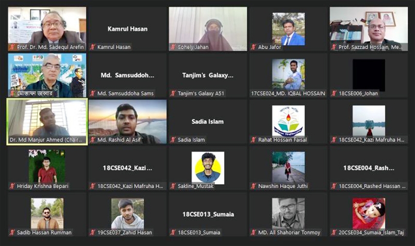 Minister of Posts and Telecommunications Mostafa Jabbar attends a webinar on 'Bangabandhu's Inspiration in the Advancement of Information Technology' organized by Barishal University recently.