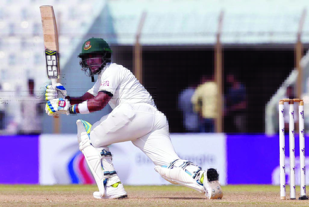 Bangladesh's Sabbir Rahman plays a shot during the first day of the second test cricket match against Australia at Zahur Ahmed Chowdhury Stadium in Chittagong on Monday.