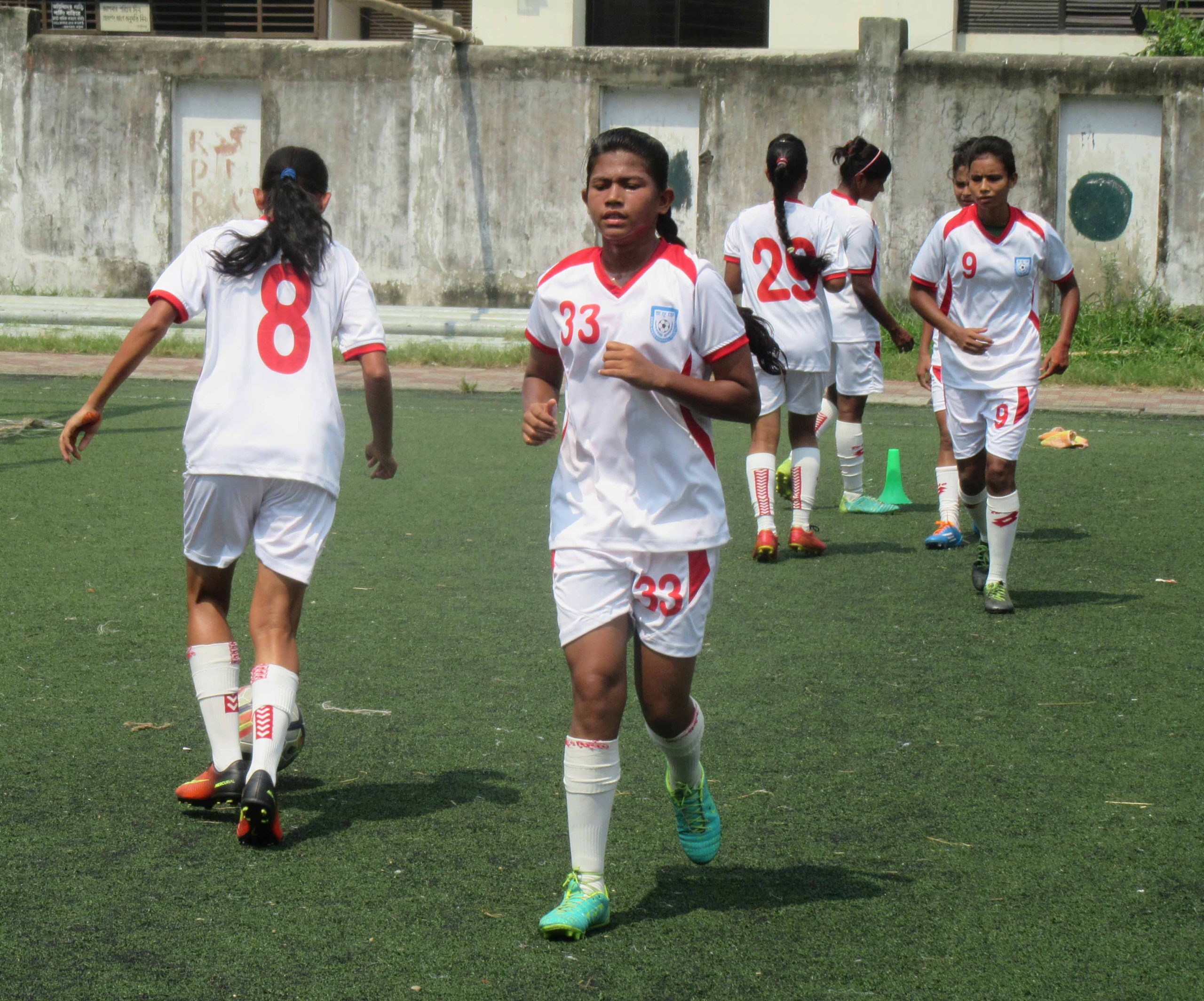 Bangladesh Under-16 Women's National Football team during their practice session at the BFF Artificial Turf on Tuesday.