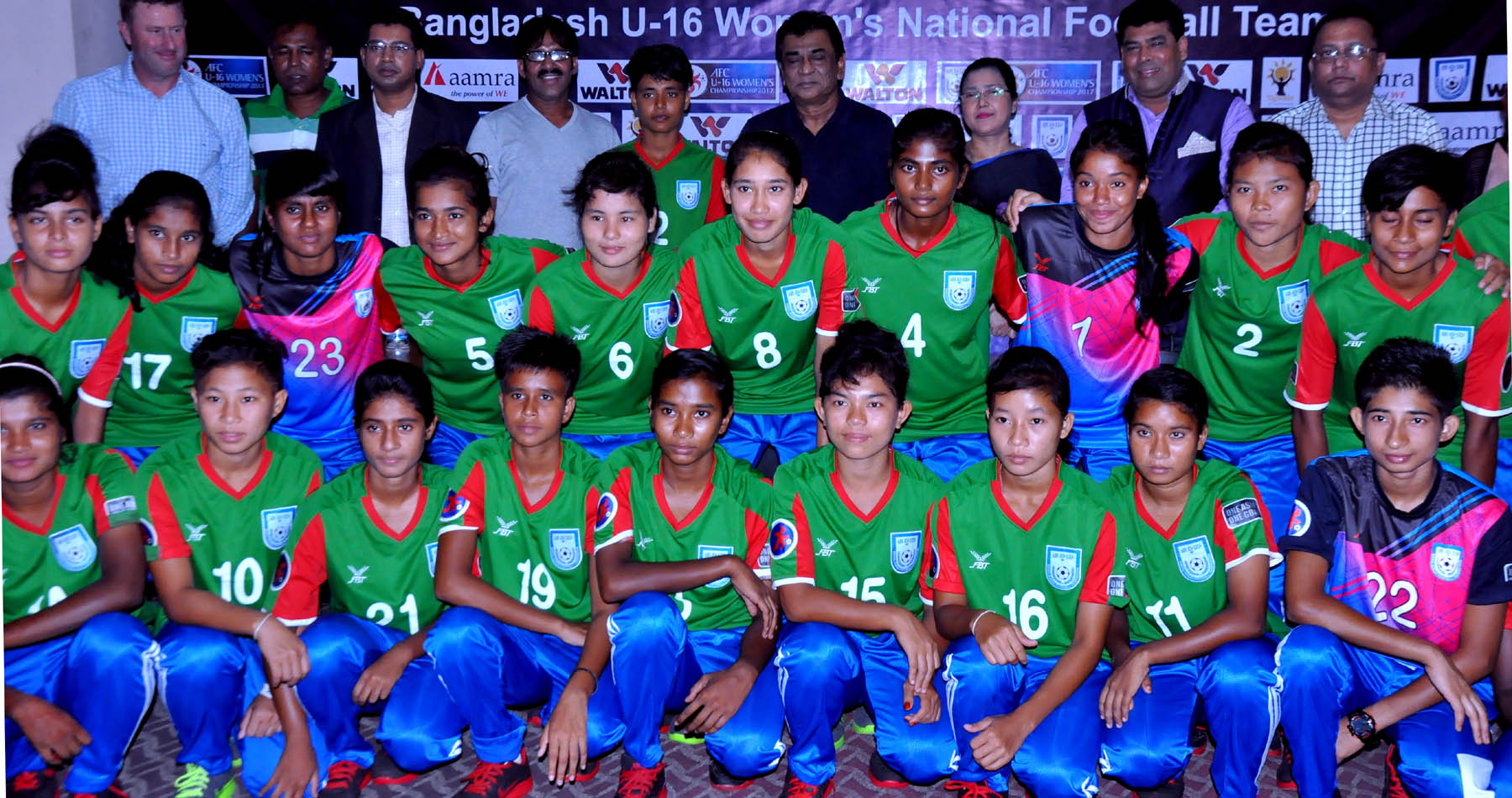 Members of Bangladesh Under-16 Women's National Football team with the President of Bangladesh Football Federation (BFF) Kazi Salahuddin and the other guests and officials of BFF pose for a photo session at the BFF House on Thursday.