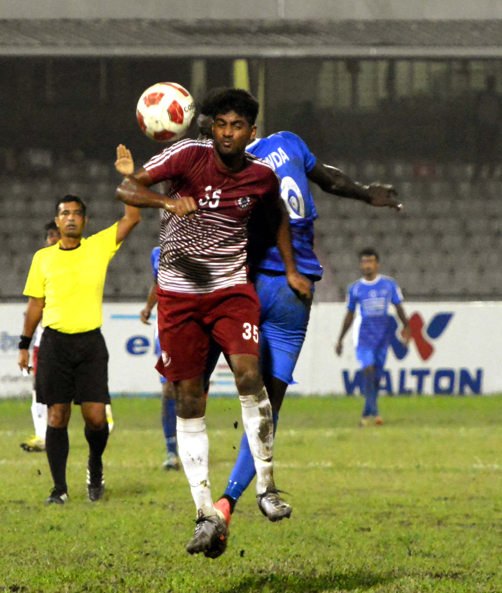 A view of the match of the Saif Power Battery Bangladesh Premier League Football between Sheikh Russel Krira Chakra Limited and Team BJMC at the Bangabandhu National Stadium on Thursday.