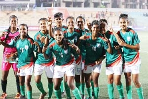 Players of Bangladesh Under-15 Football team celebrate after beating Bhutan Under-15 Football team in their match of the SAFF Under-15 Championship at the Bir Shreshtha Shaheed Sepoy Mohammad Mostafa Kamal Stadium in the city's Kamalapur recently.