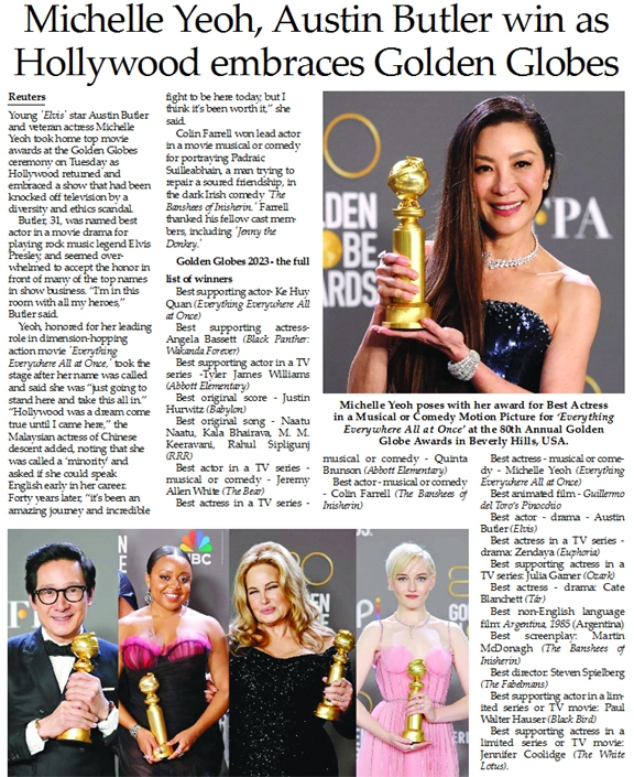 Michelle Yeoh poses with her award for Best Actress in a Musical or Comedy Motion Picture for ‘Everything Everywhere All at Once’ at the 80th Annual Golden Globe Awards in Beverly Hills, USA.